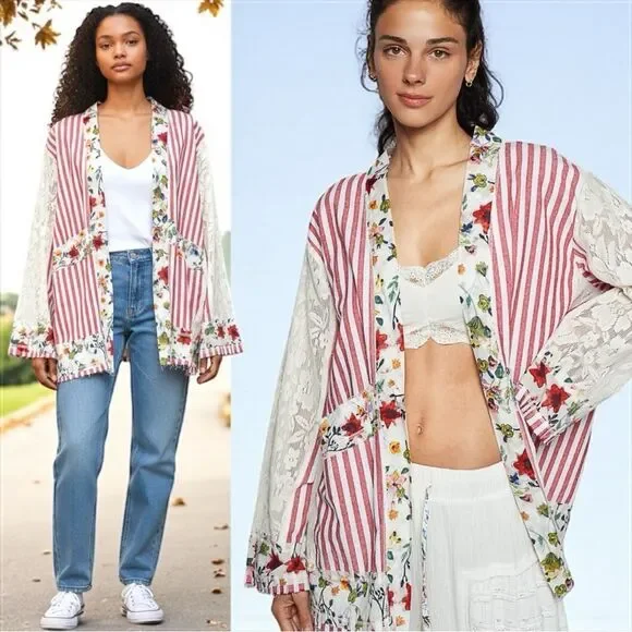 POL Lace Boho Striped Cardigan Layering Kimono Floral Patchwork Detail Med NEW - Picture 4 of 10